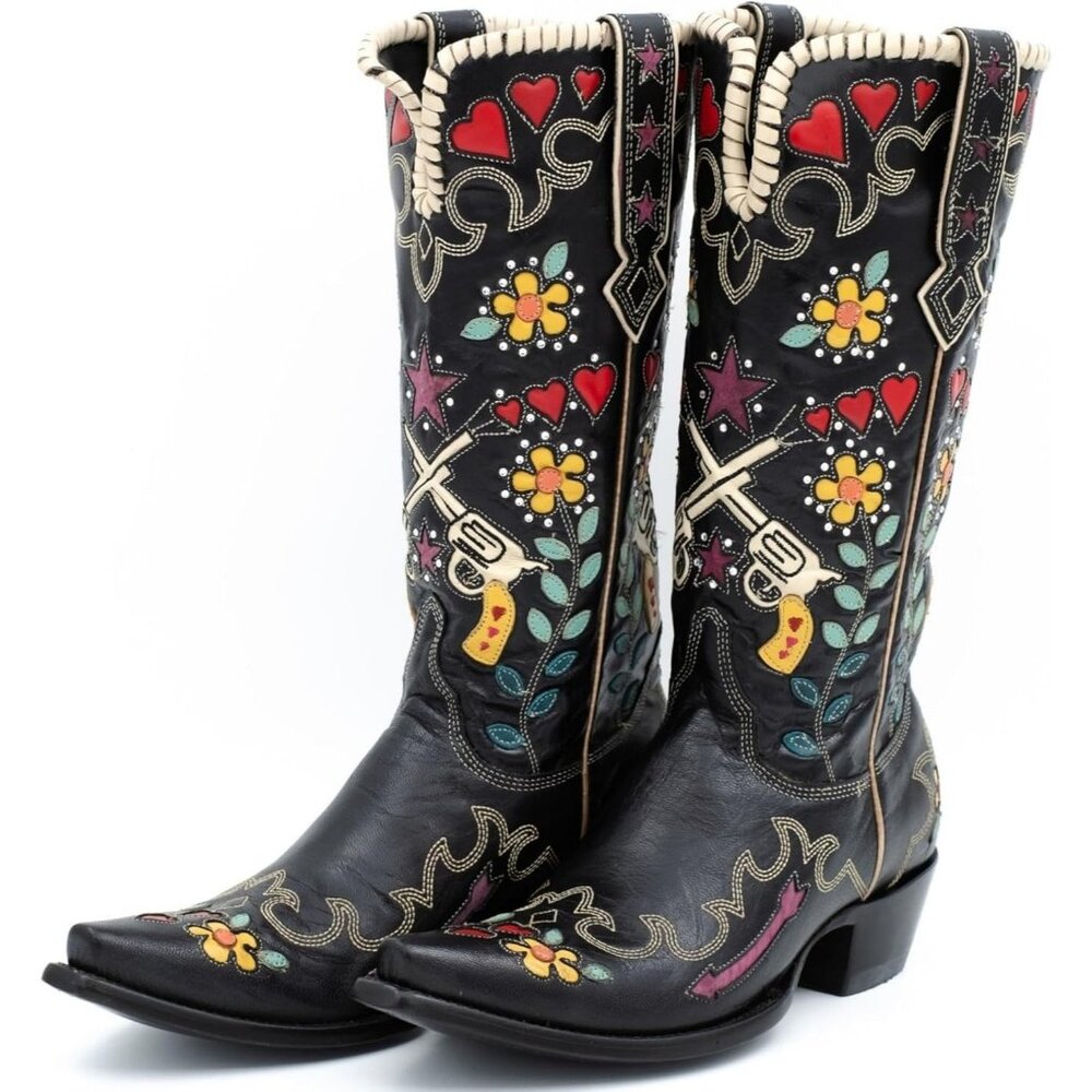 Women's Black Floral Embroidered Cowgirl Boots Chunky Low Heels Pull On